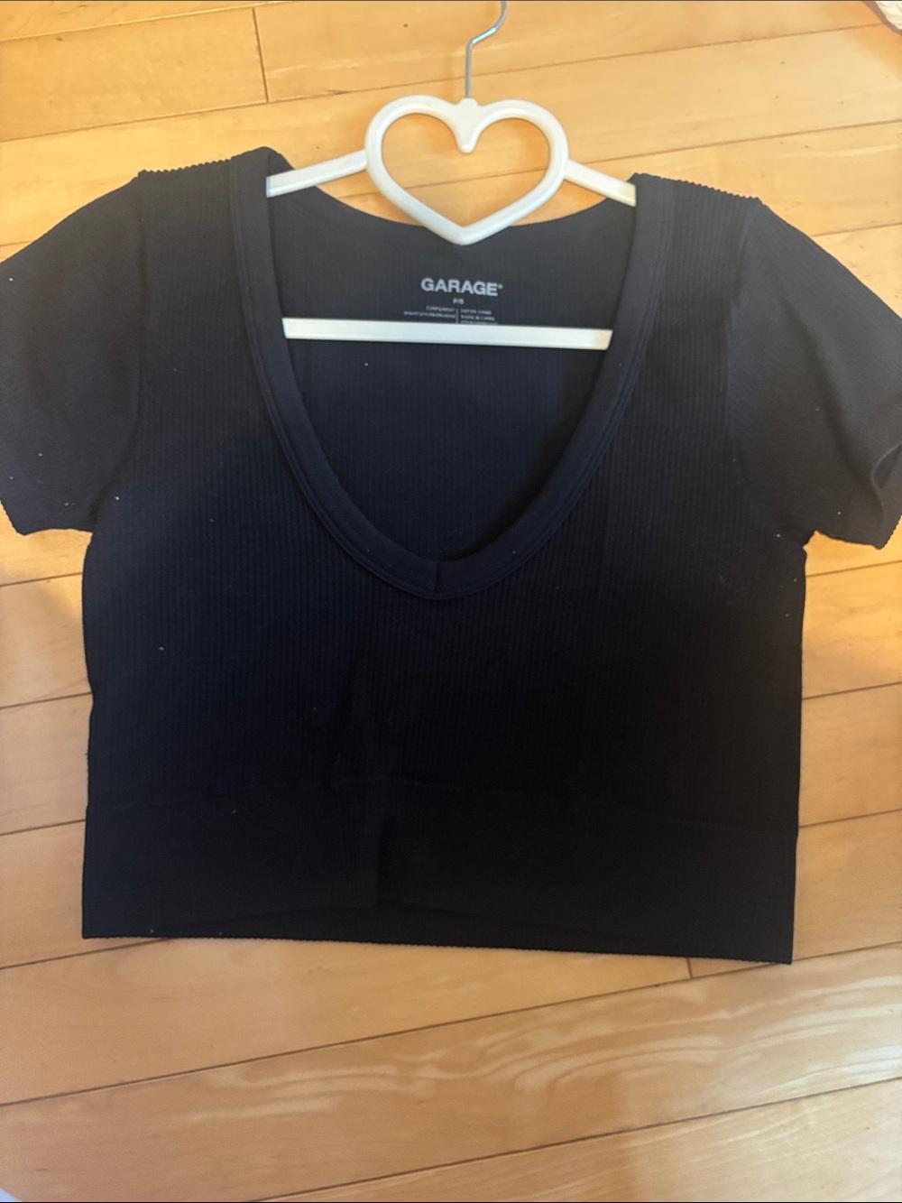 Garage Black V-Neck Ribbed Short Sleeve Crop Top